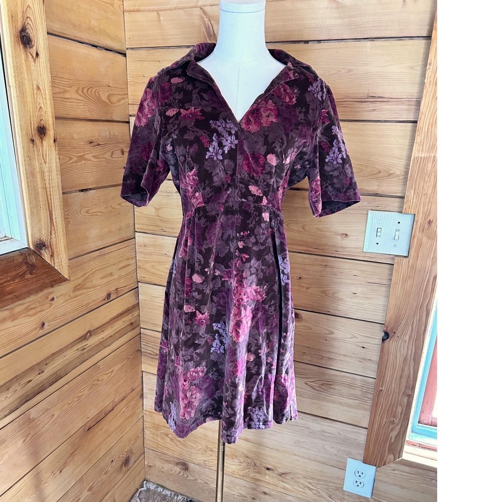 Vintage Thick Velour Floral Midi Dress Womens Large Plum Purple Handmade 70's